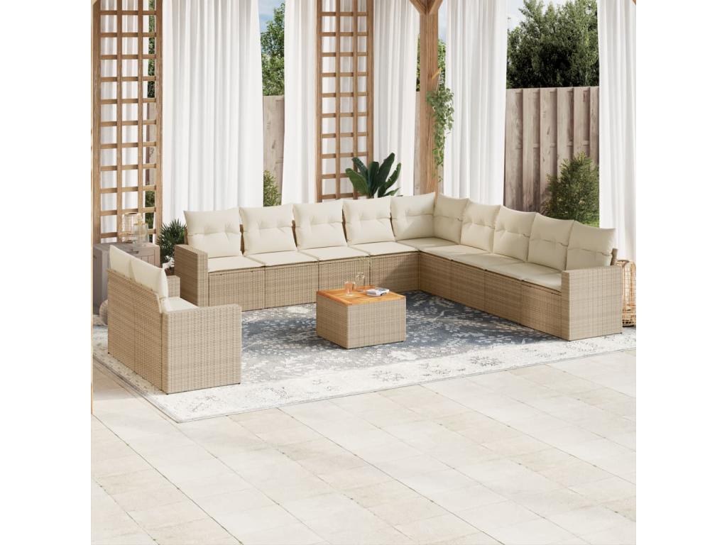 Salon de jardin avec coussins 12 pièces beige résine tressée