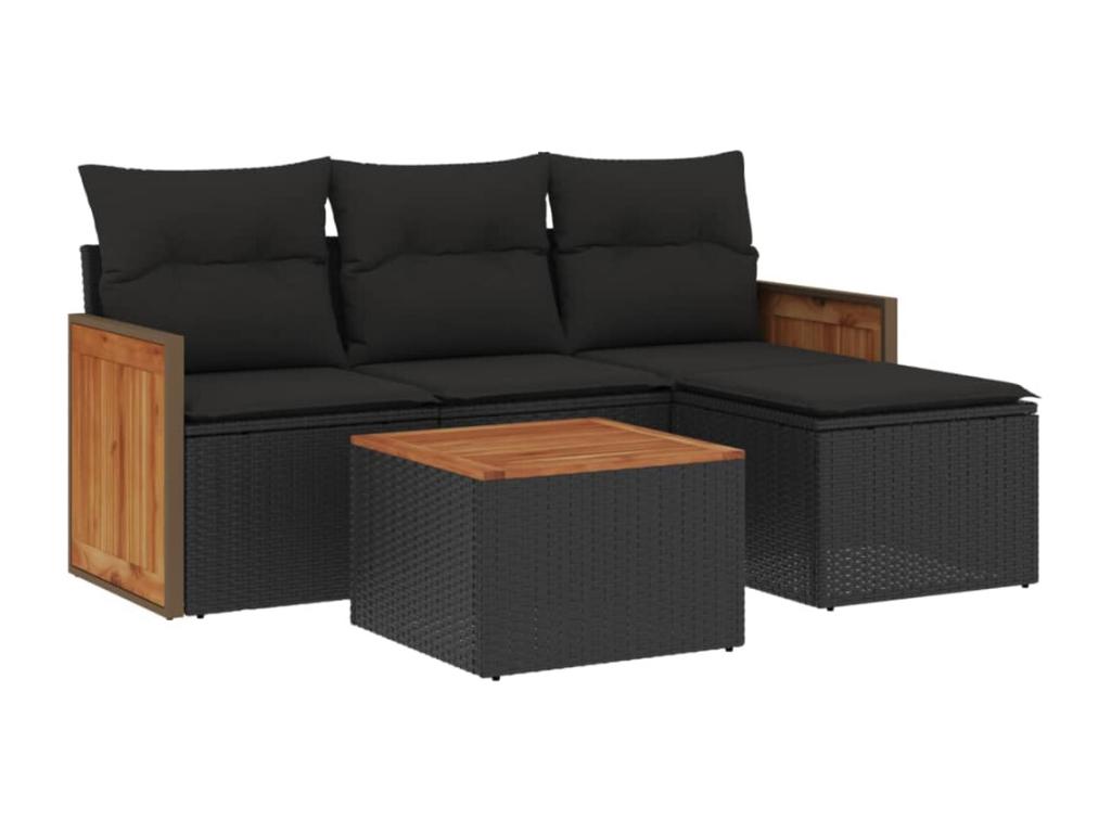 Salon de jardin 5 pcs avec coussins noir résine tressée
