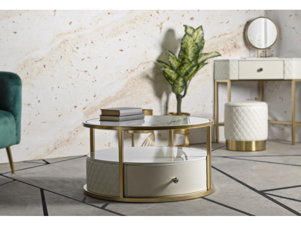 Table basse en métal et simili cuir crème 75x40 cm