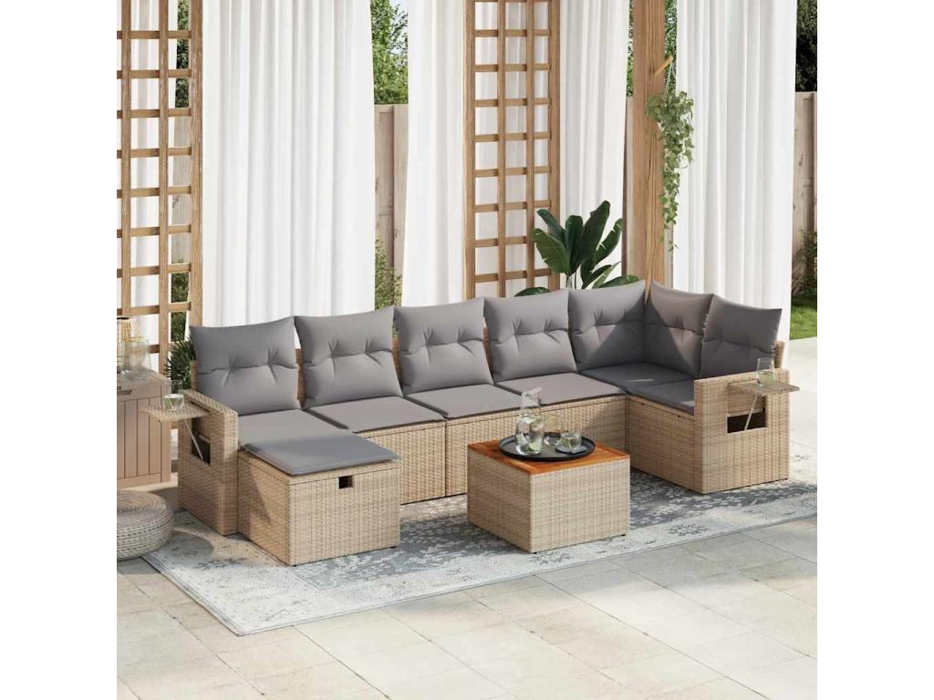 Salon de jardin avec coussins 8 pcs beige résine tressée