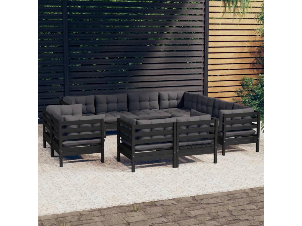 Salon de jardin 11 pièces avec coussins Noir Bois de pin massif