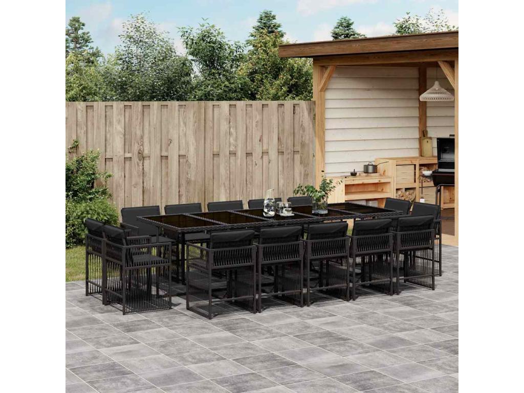 Ensemble à manger de jardin 15 pièces coussins noir résine tressée