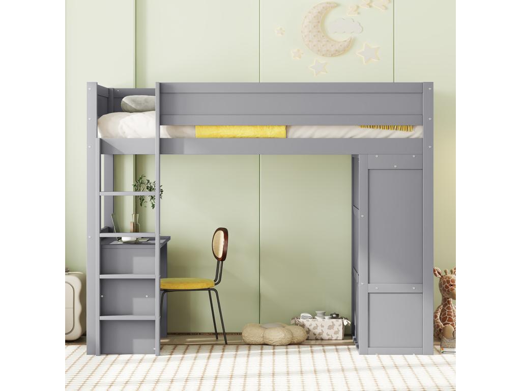 Lit mezzanine 90x200cm lit enfant polyvalent équipé d'armoire bureau et tiroirs échelle sommier à Homelumiere pin gris