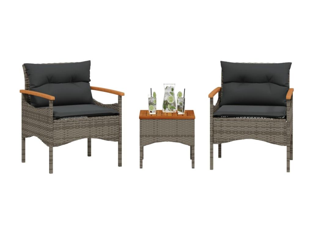 Salon de jardin avec coussins 3 pcs gris résine tressée