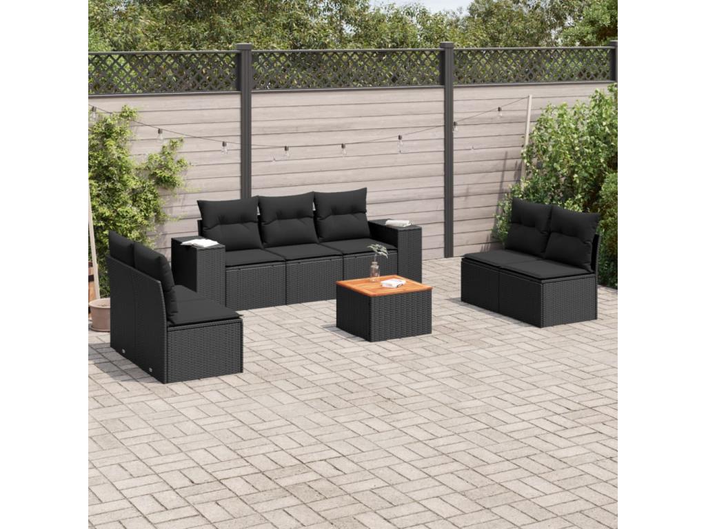 Salon de jardin 8 pcs avec coussins noir résine tressée