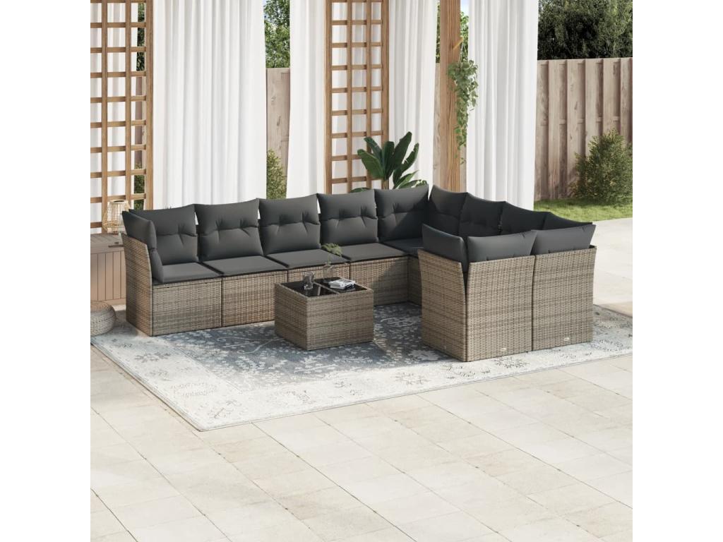 Salon de jardin avec coussins 10 pcs gris résine tressée