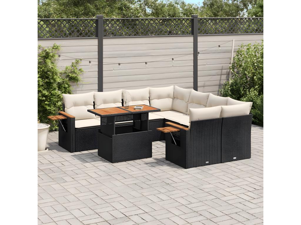 Salon de jardin 9 pcs avec coussins noir résine tressée