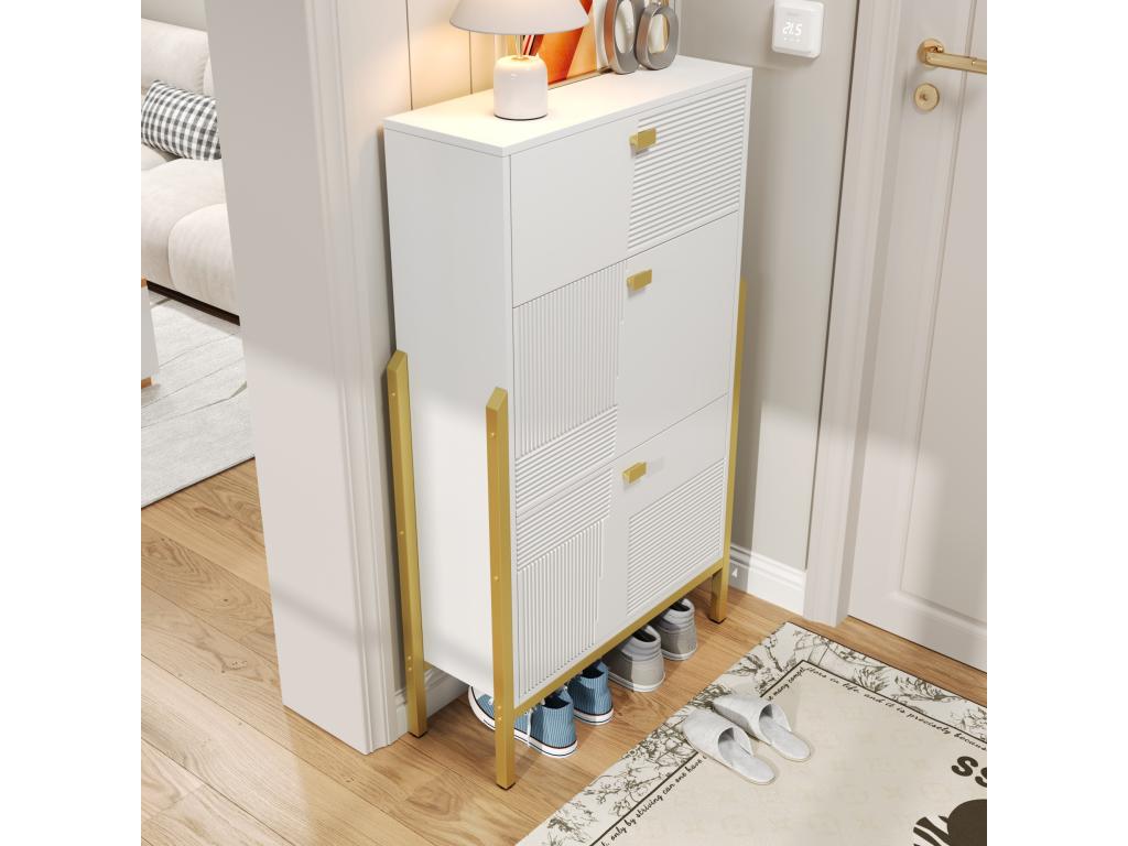 Meuble à chaussures avec 2 portes et 1 tiroir - 65x25x120,5 cm - Poignées et pieds dorés - Panneaux de particules - Blanc