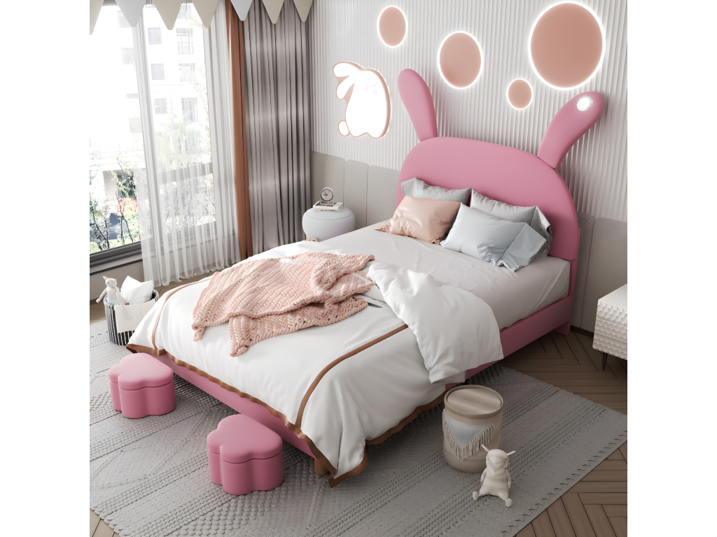 Lit rembourré rose 140x200 velours français avec deux tabourets de rangement lampe de chevet LED et cadre à Homelumiere sans matelas