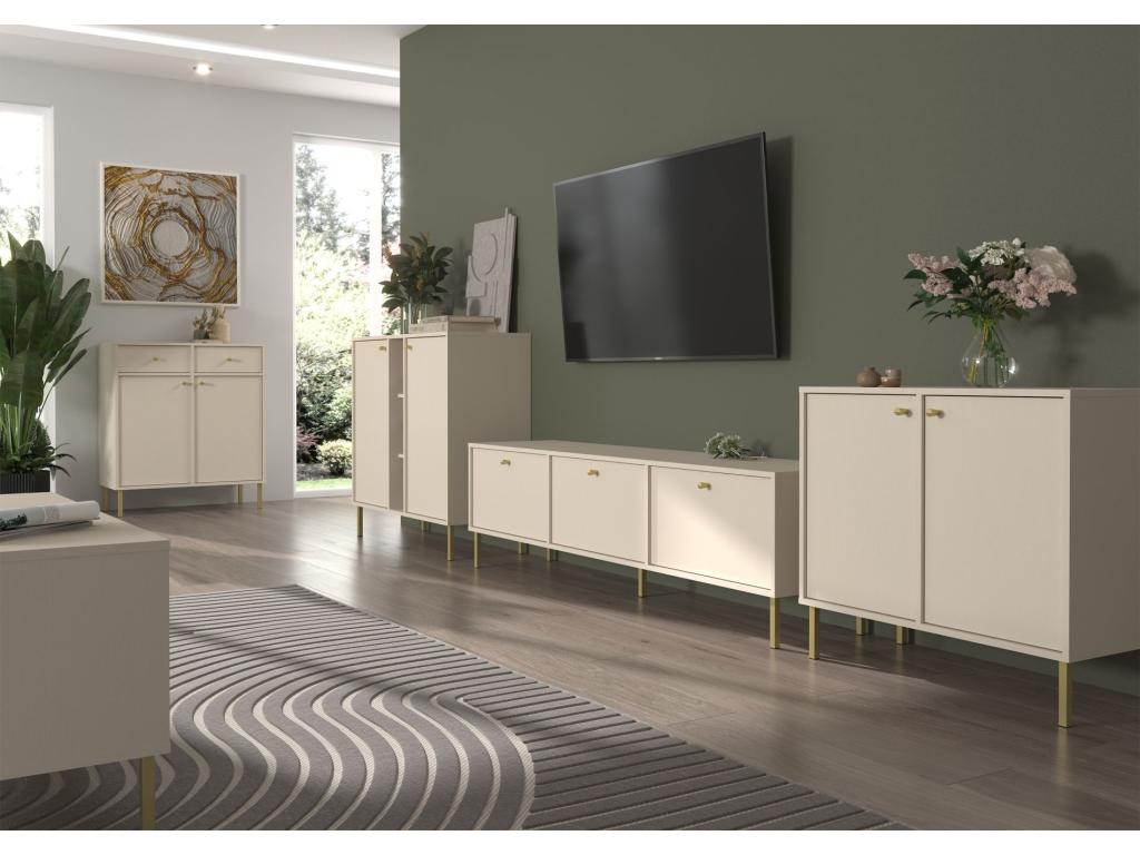 Vitrine haute 2 portes - 52 cm - Beige avec pieds dorés - Homelumiere