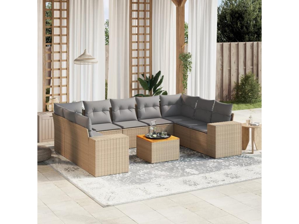Salon de jardin avec coussins 10 pièces beige résine tressée