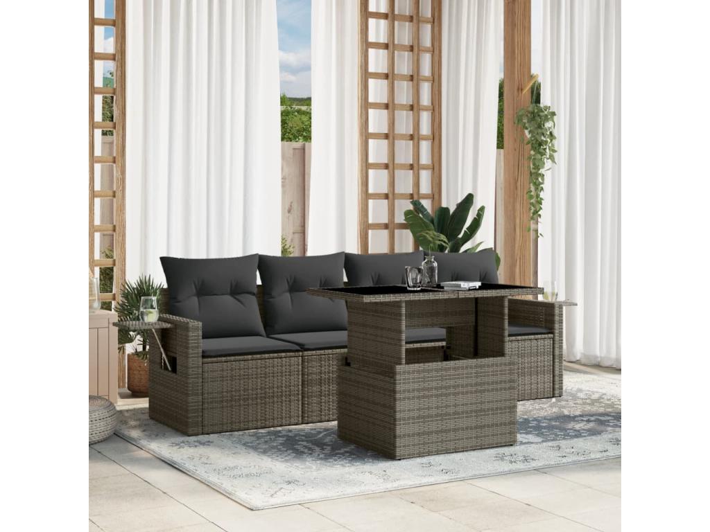 Salon de jardin 5 pcs avec coussins gris résine tressée