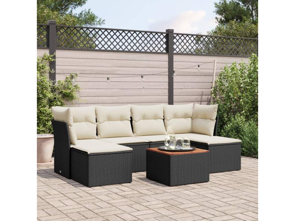 Salon de jardin 7 pcs avec coussins noir résine tressée