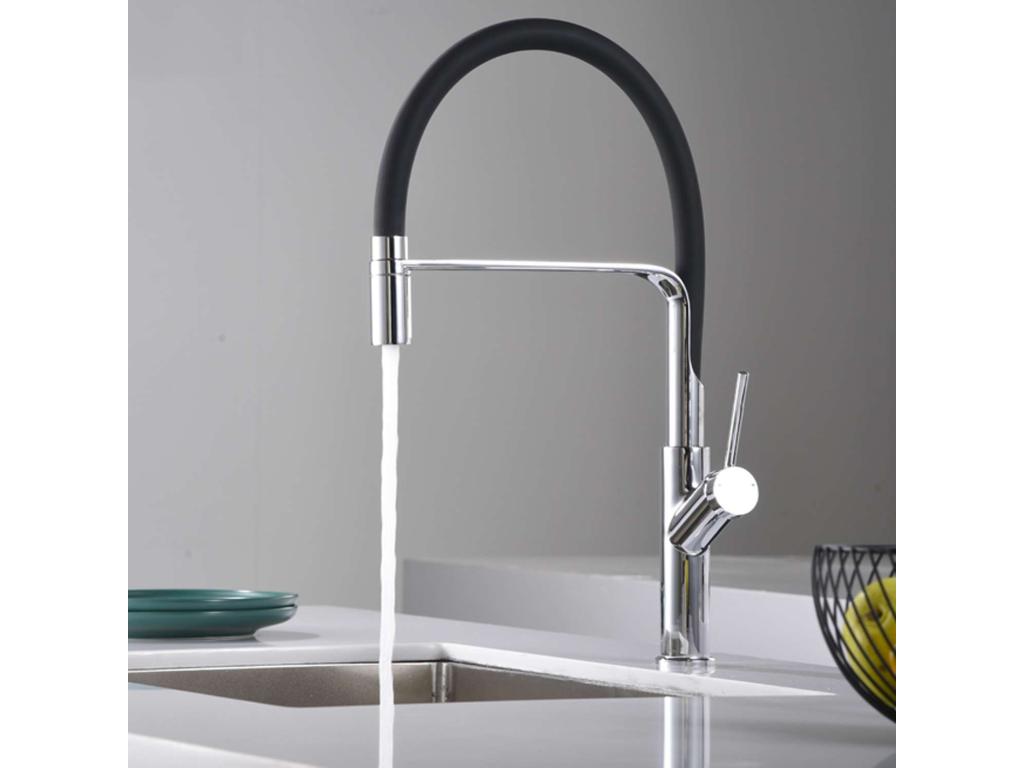 Mitigeur Cuisine Douchette Homelumiere Chromé corps en laiton et bec flexible en noir mat cartouche céramique de 30 mm.