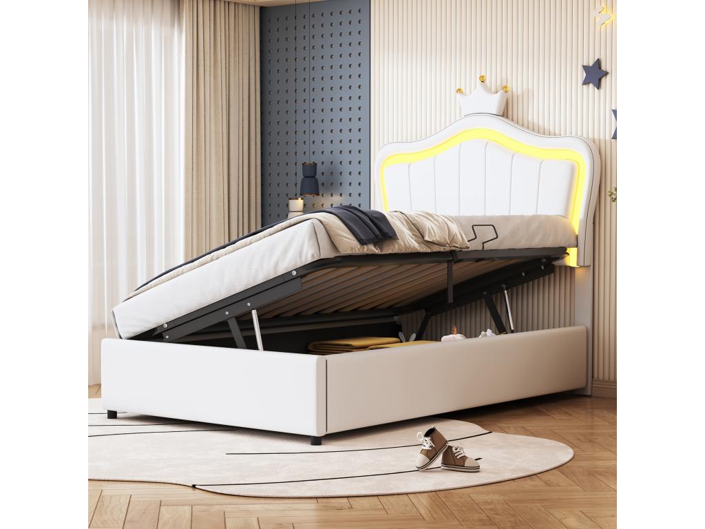 Lit coffre 90x200 cm avec tête de lit réglable et éclairage LED - simili cuir - motif couronne - blanc sans matelas