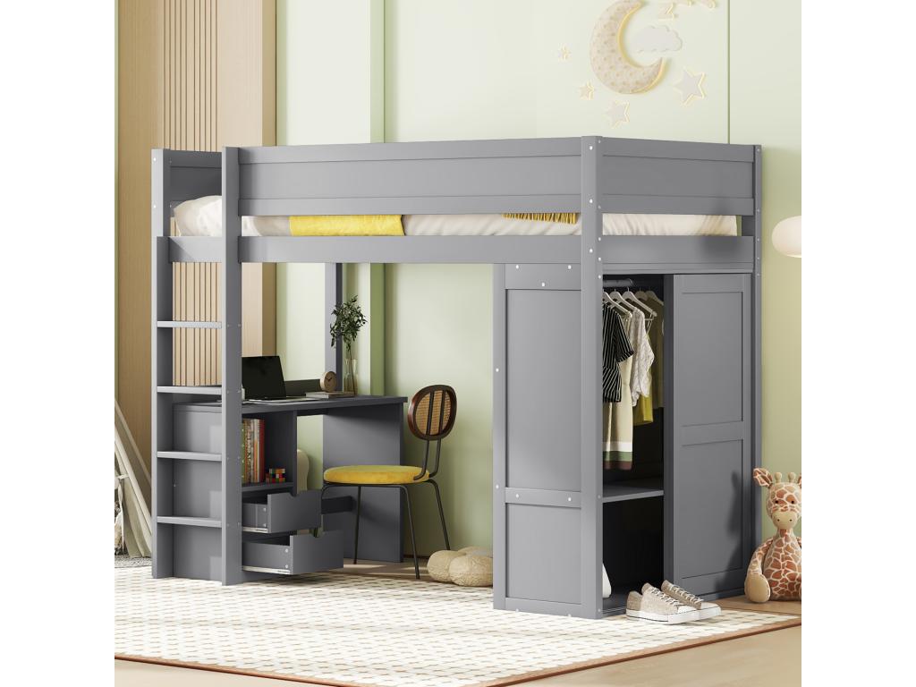 Lit mezzanine 90x200cm lit enfant polyvalent équipé d'armoire bureau et tiroirs échelle sommier à Homelumiere pin gris