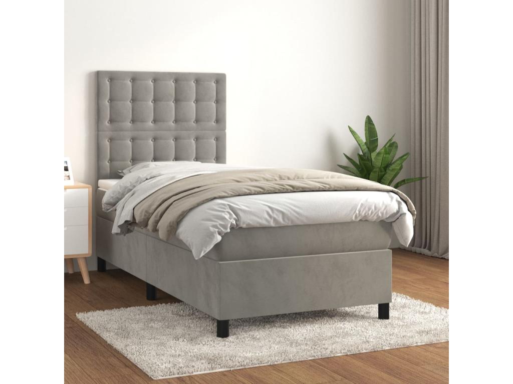 Lit à sommier tapissier et matelas Gris clair 90x190 Velours