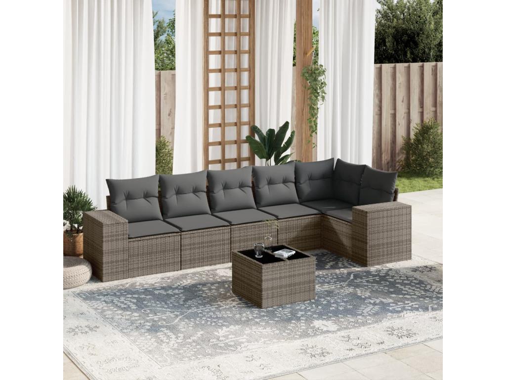 Salon de jardin avec coussins 7 pcs gris résine tressée