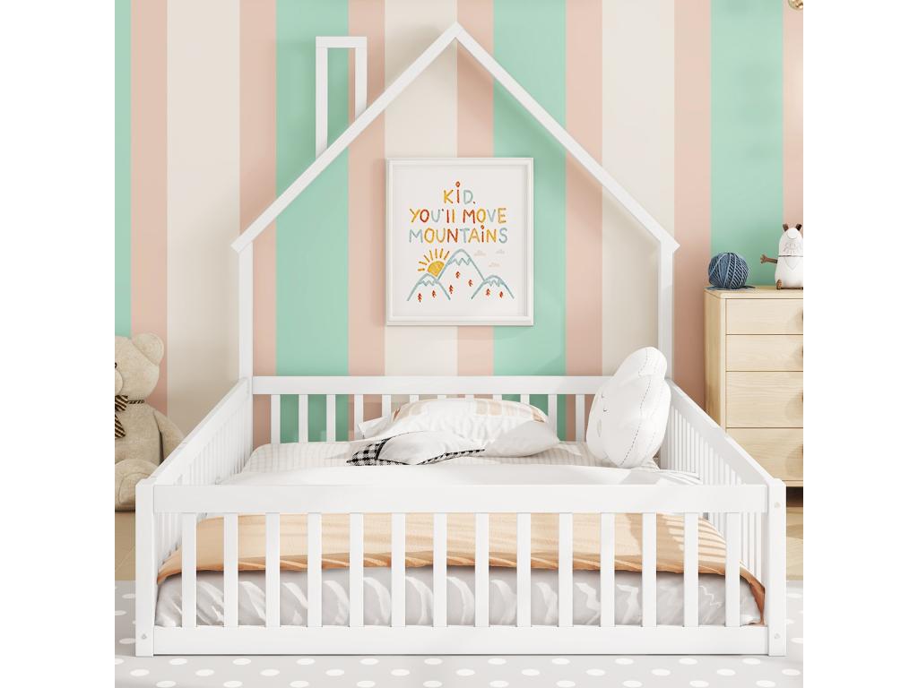 Lit enfant 140x200 cm en bois de pin avec barrières de protection et porte sommier à Homelumiere inclus blanc