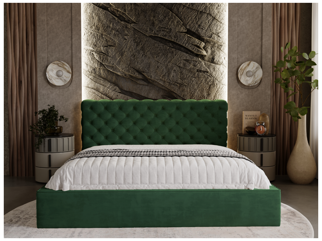 Lit rembourré avec rangement - 160x200 - lit double - velours - vert - Homelumiere