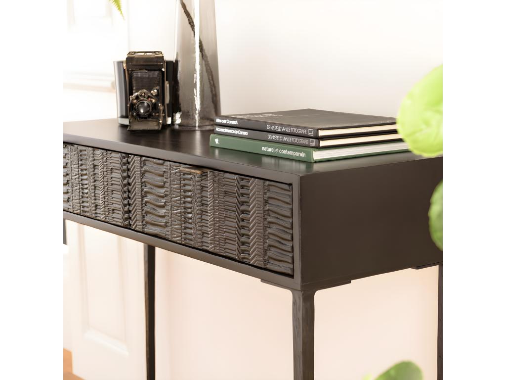 Homelumiere - Console en manguier noir 2 tiroirs sculptés pieds en métal