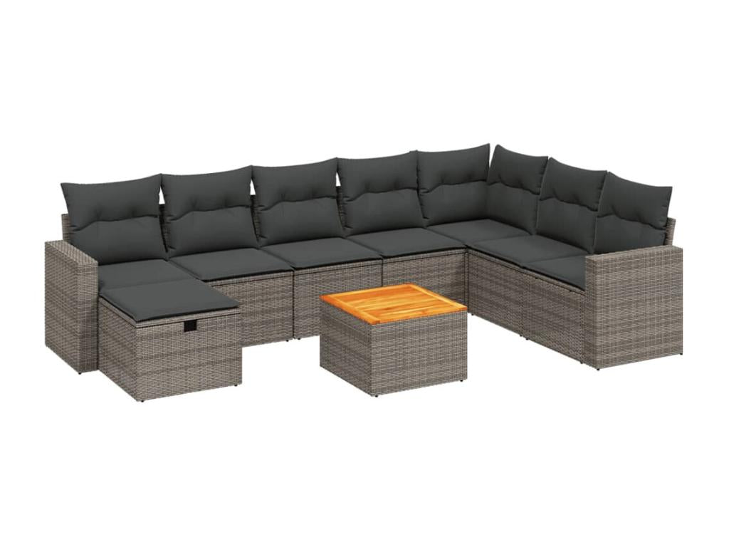 Salon de jardin 9 pcs avec coussins gris résine tressée