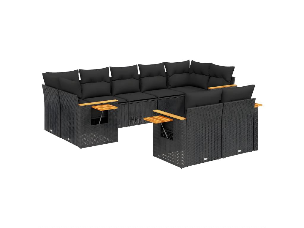 Salon de jardin 9 pcs avec coussins noir résine tressée