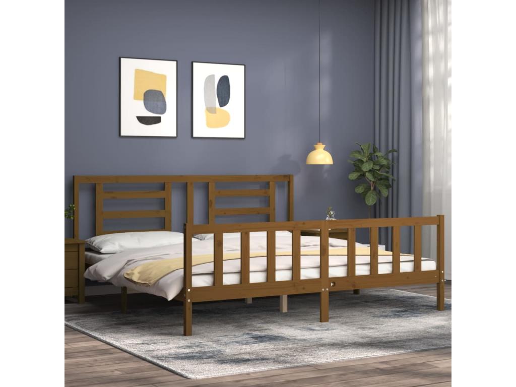 Cadre de lit avec tête de lit marron miel 200x200cm bois massif