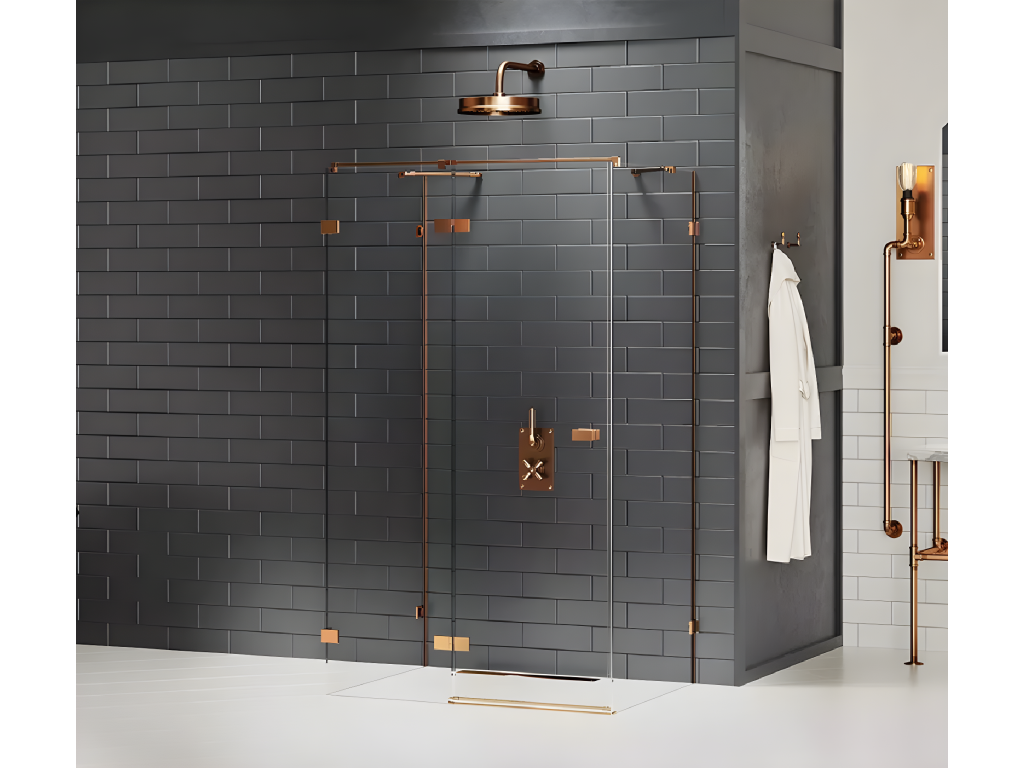 Cabine de douche gauche 110x90 pivotante Homelumiere COPPER BRUSHED couleur cuivre brossé accès de face