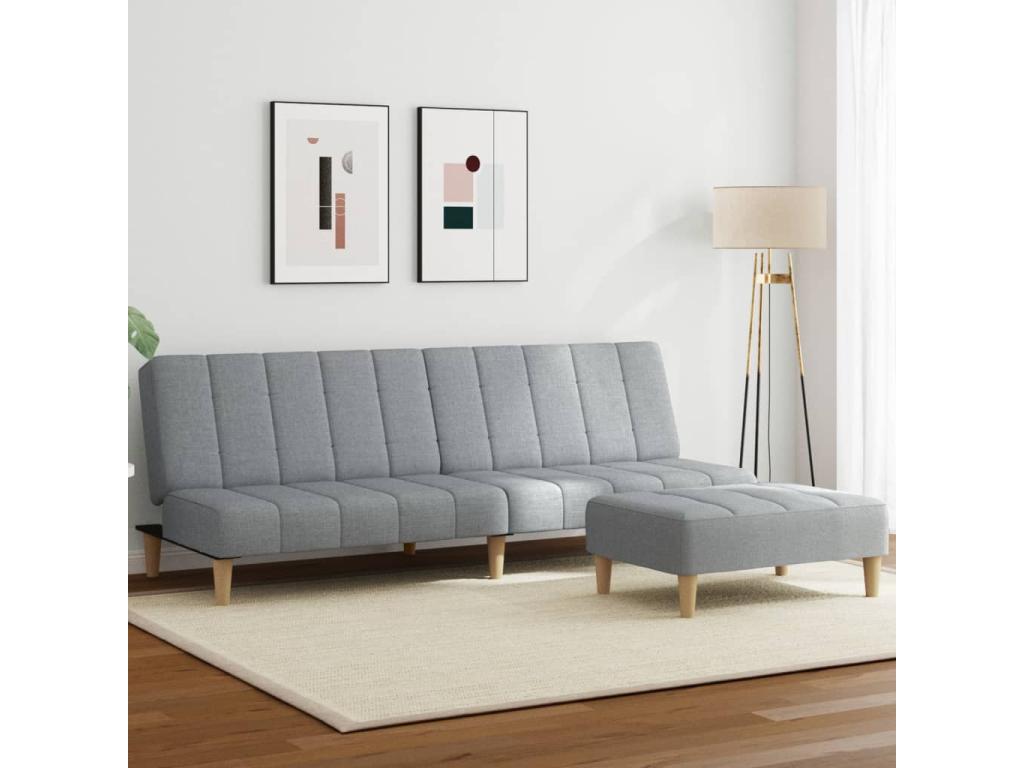 Canapé-lit à 2 places avec repos-pied gris clair tissu
