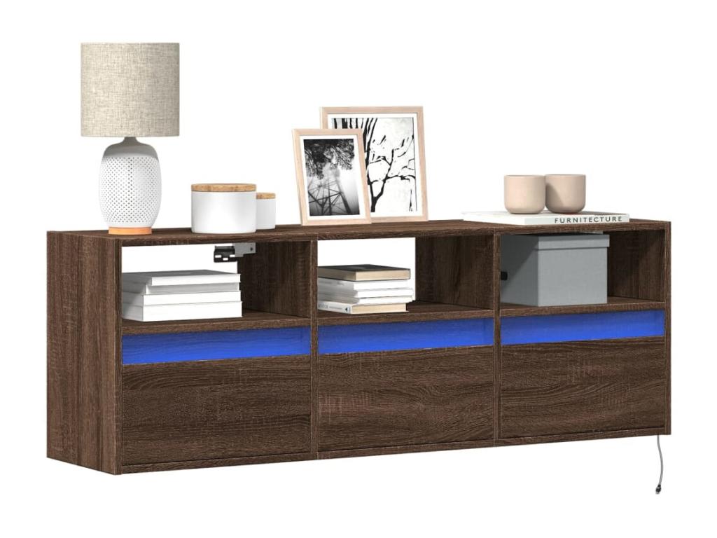 Meuble TV mural avec Homelumiereères LED chêne marron 130x31x45 cm