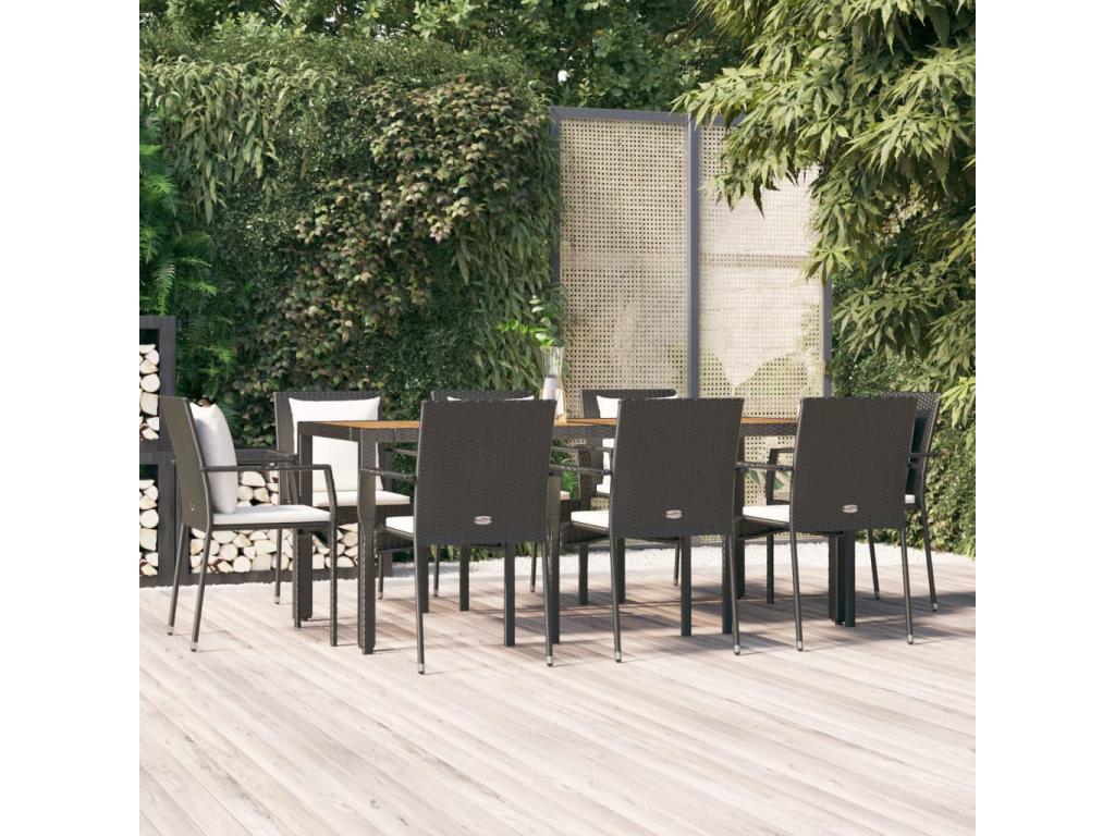 Mobilier à dîner de jardin 9 pièces et coussins noir résine tressée