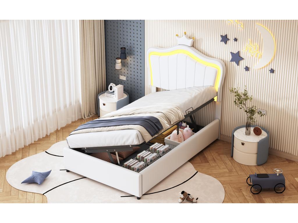 Lit coffre 90x200 cm avec tête de lit réglable et éclairage LED - simili cuir - motif couronne - blanc sans matelas