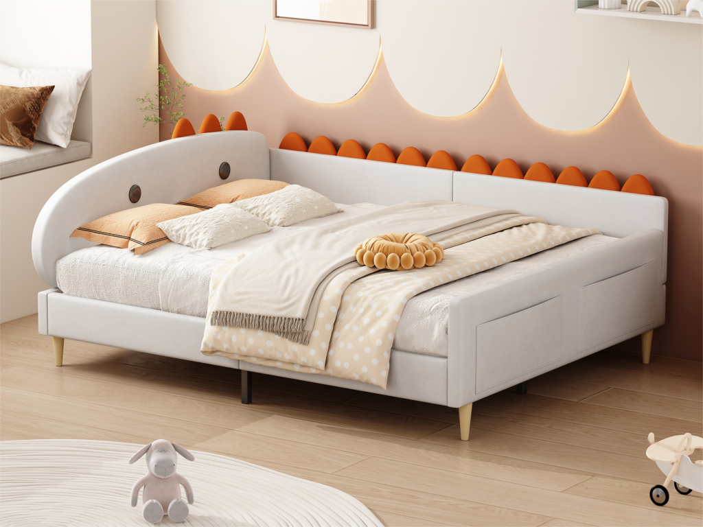 Lit banquette pour enfant 140x200cm - tissu en velours - Beige