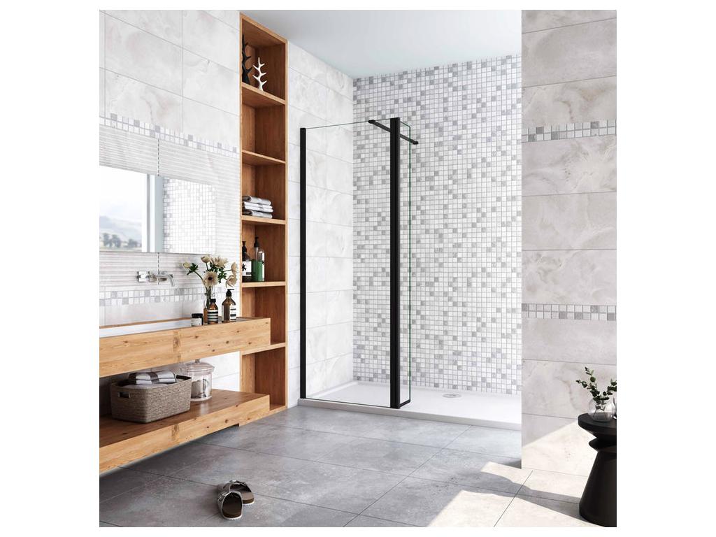 Paroi de douche à l'italienne avec retour pivotant 70 30x200cm avec barre de fixation 140cm récupérable - Noir Mat - 8mm verre anticalcaire