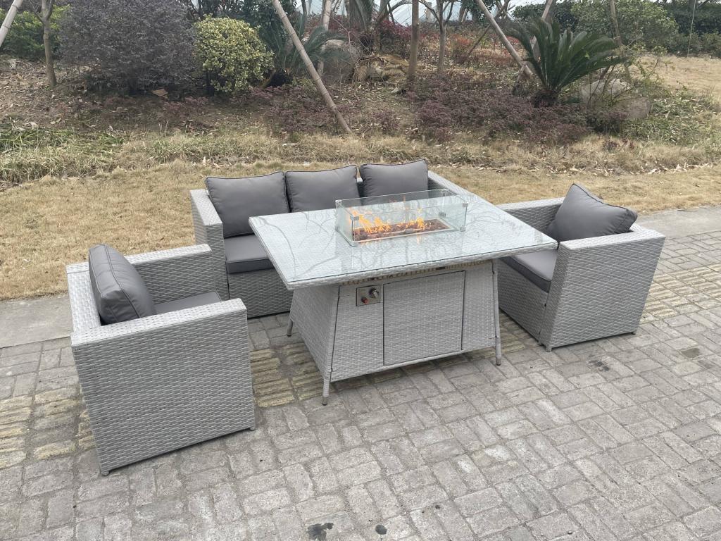 5 places Ensemble de meubles de jardin en rotin ensemble Table de foyer à gaz canapé ave 2 Fauteuil Gris Clair