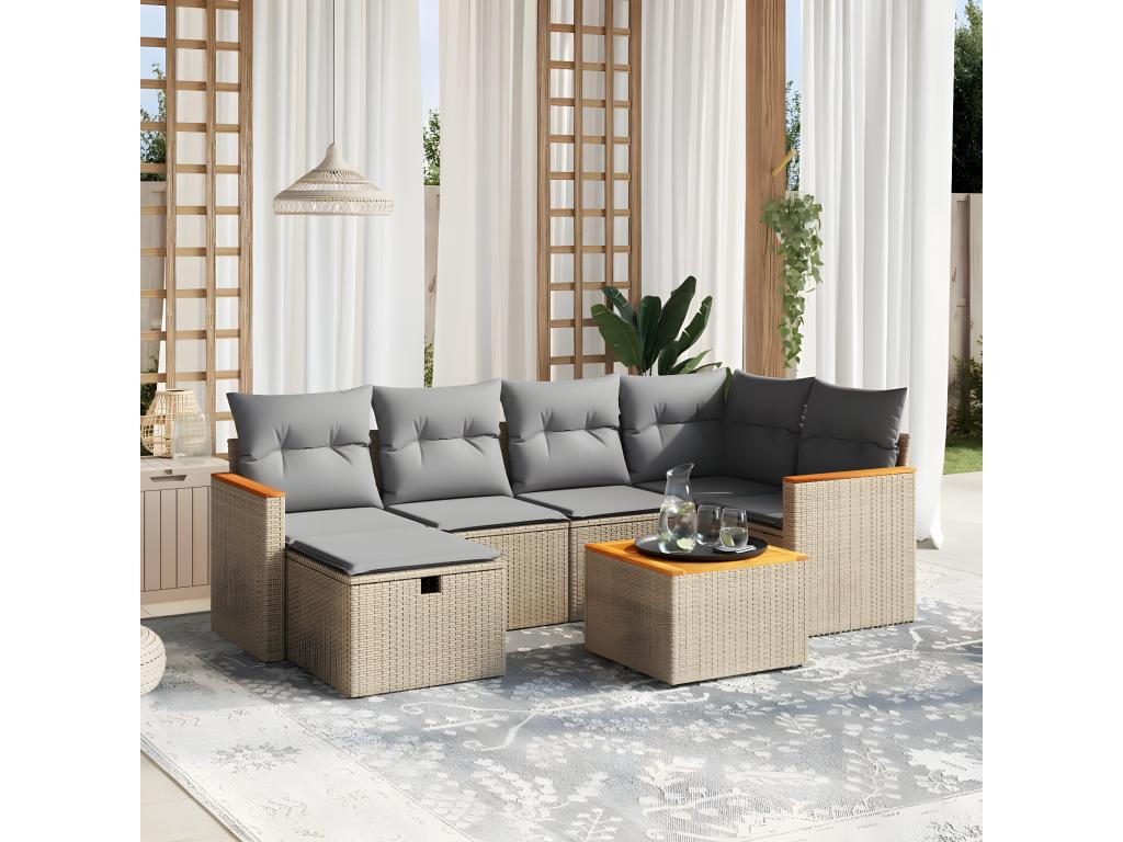 Salon de jardin avec coussins 7pcs méHomelumiere beige résine tressée