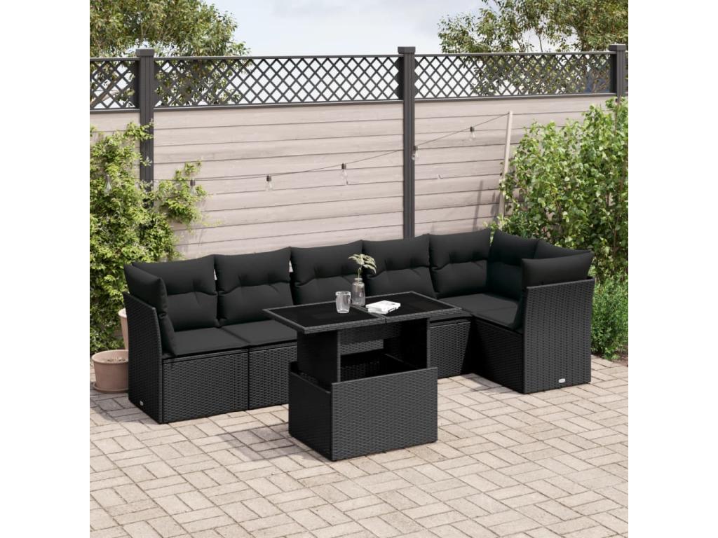 Salon de jardin 7 pcs avec coussins noir résine tressée 87372ISKK
