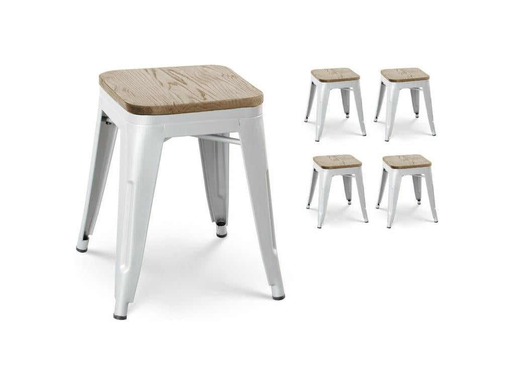 Lot de 4 tabourets en métal blanc mat style industriel et assise en bois clair - Hauteur 46 cm