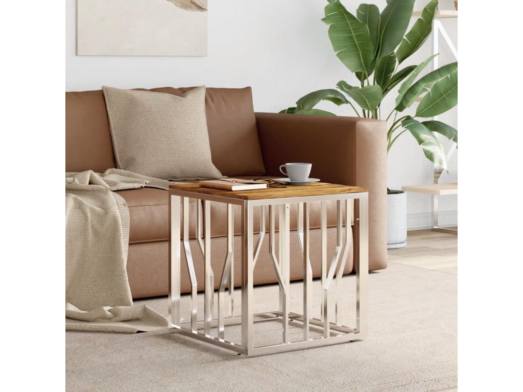 Table basse en acier inoxydable argenté et bois massif d'Homelumiere