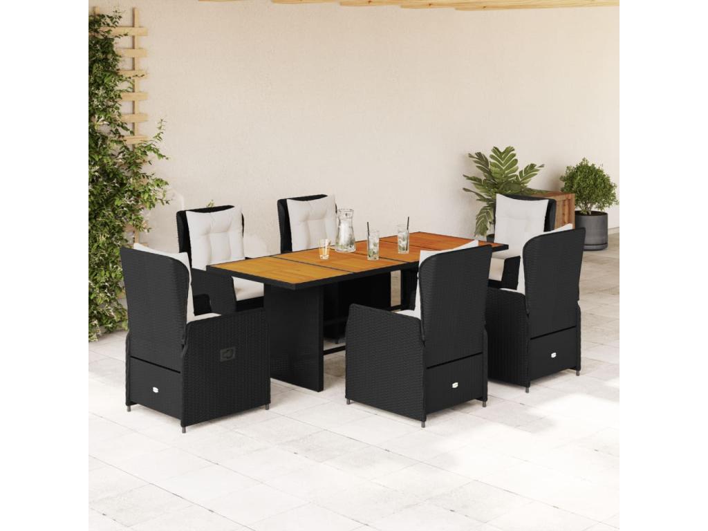 Ensemble à manger de jardin coussins 7pcs Noir Résine tressée