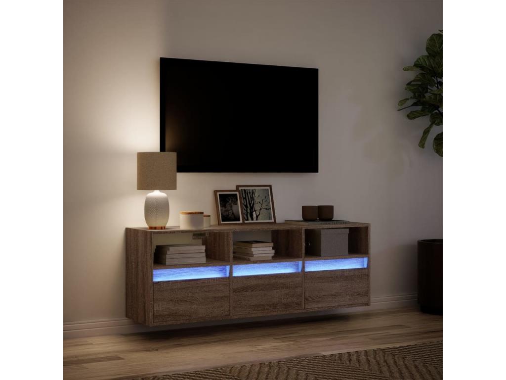 Meuble TV mural avec Homelumiereères LED chêne marron 130x31x45 cm