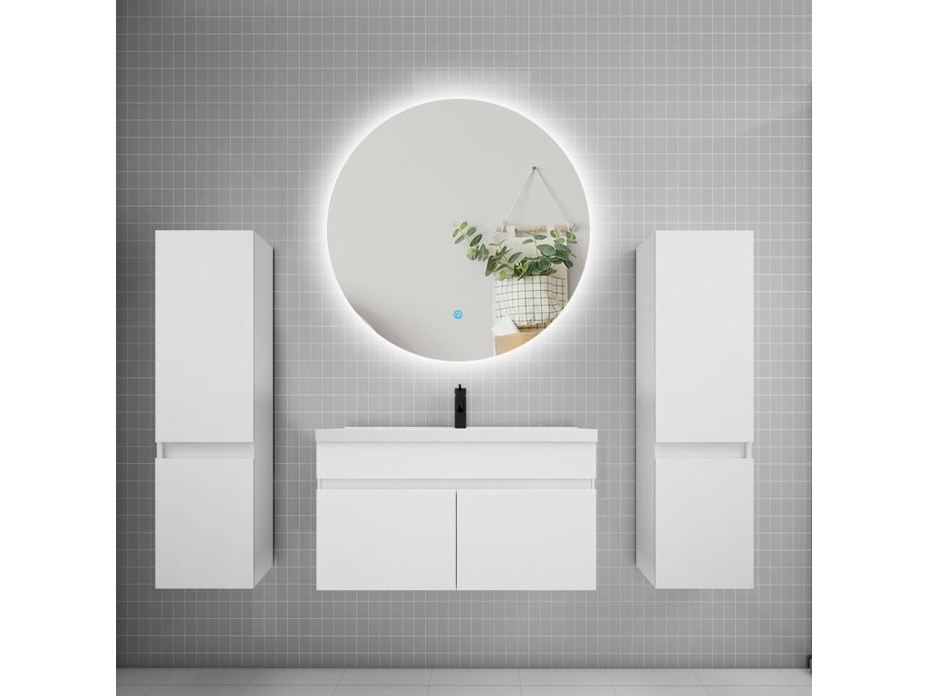 Ensemble meuble vasque L.80cm colonne lavabo miroir rond 80cm blanc