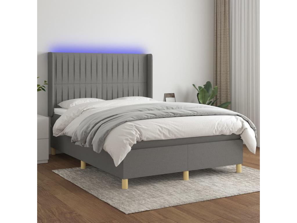 Sommier tapissier et matelas et LED Gris foncé 140x190 cm Tissu