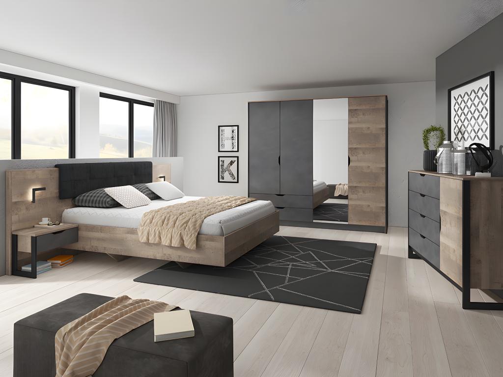 Lit avec chevets 160x200 cm - Avec LEDs - Coloris Naturel et anthracite Sommier Matelas - Homelumiere